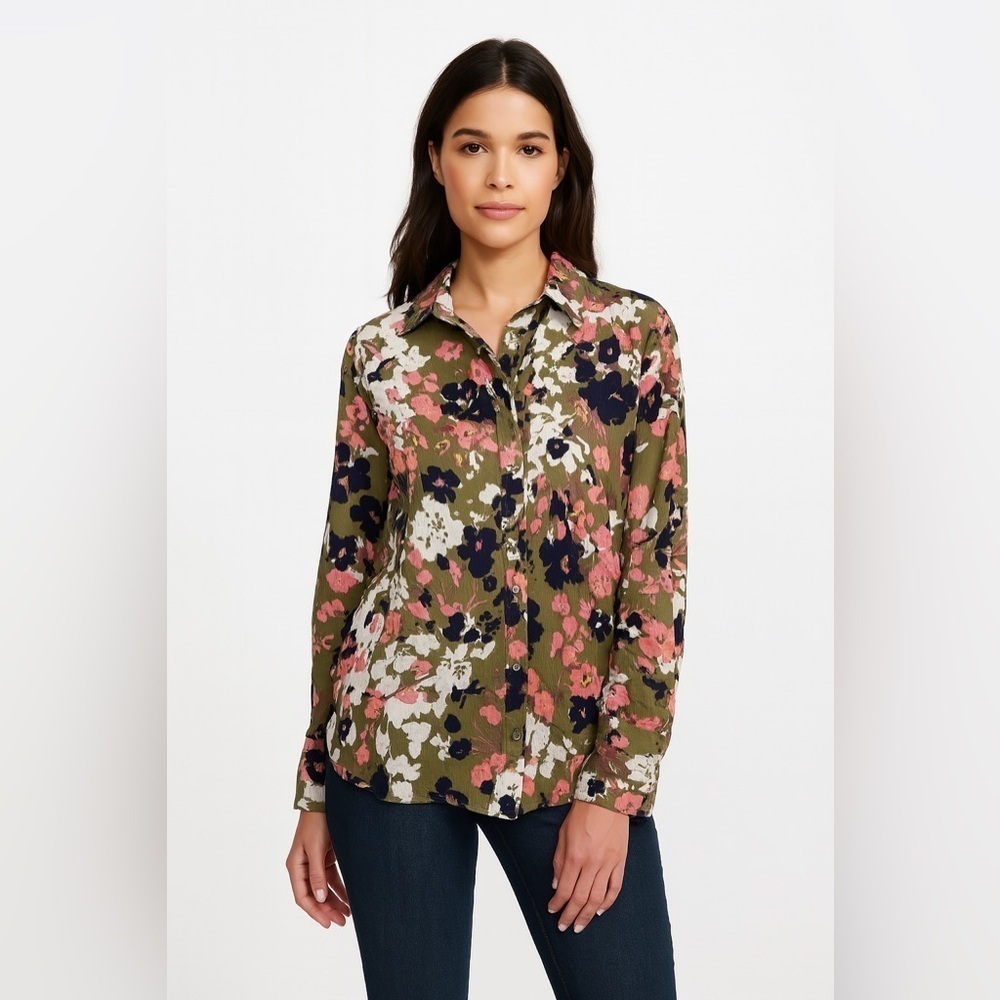 Tanya Taylor green pink floral collared button down long sleeve shirt